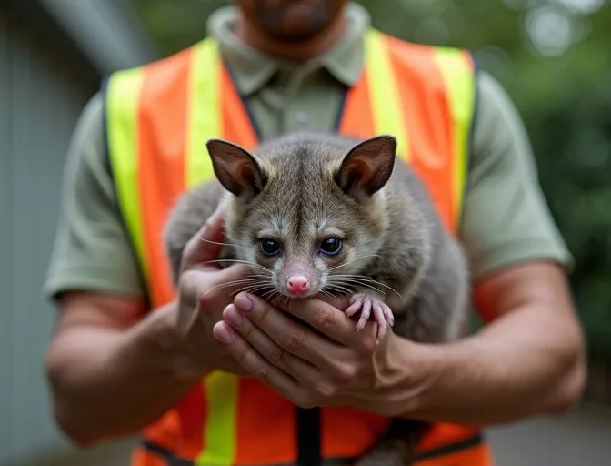 Animal handler safely recovering a deceased possum in Leigh Creek