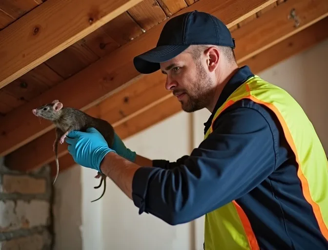 Technician inspecting a roof cavity for a dead rat in Leigh Creek